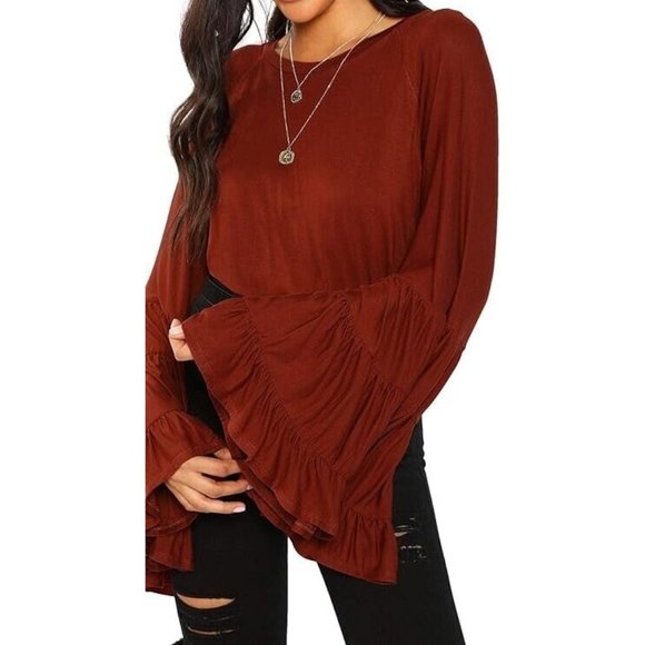NWOT SheIn Orange Brown Red Rust 70s Boho Flowy Bell Sleeve Crop Blouse Top Sz M - Picture 5 of 9